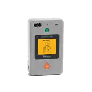 AED träningsenhet med instruktioner på skärmen.
