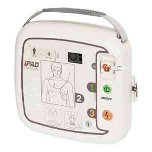Automatisk extern defibrillator med diagram och knappar.