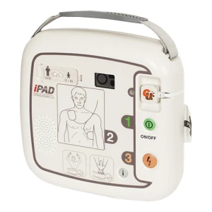 Automatisk extern defibrillator med diagram och knappar.