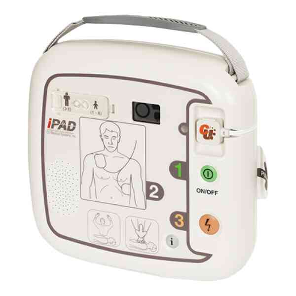 Automatisk extern defibrillator med diagram och knappar.