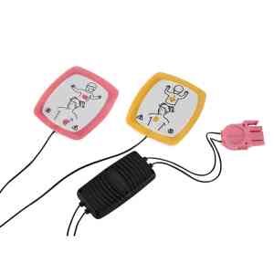 Elektrodpaddar för defibrillator, instruktioner på etiketten.