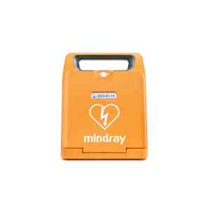 Orange defibrillator med hjärtsymbol och datumetikett.