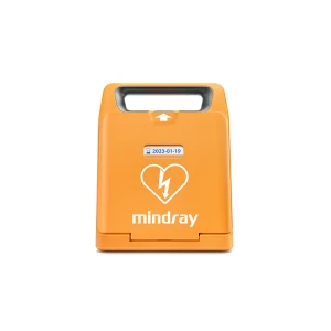 Orange defibrillator med hjärtsymbol och datumetikett.