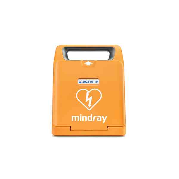 Orange defibrillator med hjärtsymbol och datumetikett.