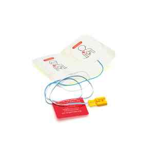 Elektrod för defibrillator med instruktioner för användning.