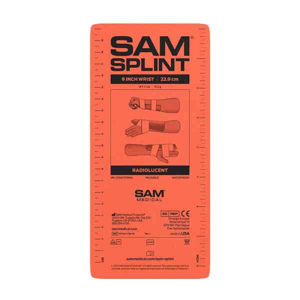Förpackning för orange SAM Splint, handledsstöd.