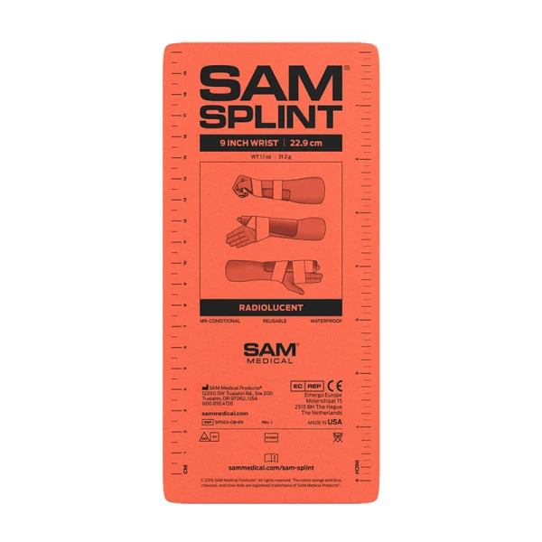 Förpackning för orange SAM Splint, handledsstöd.