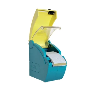 Etikettmaskin med etiketter, öppen transparent lock