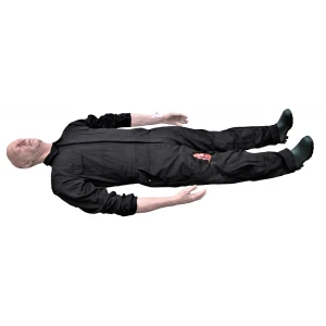 Räddningsdocka i svart uniform, sår på benet.