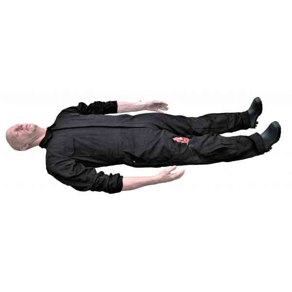 Räddningsdocka i svart uniform, sår på benet.