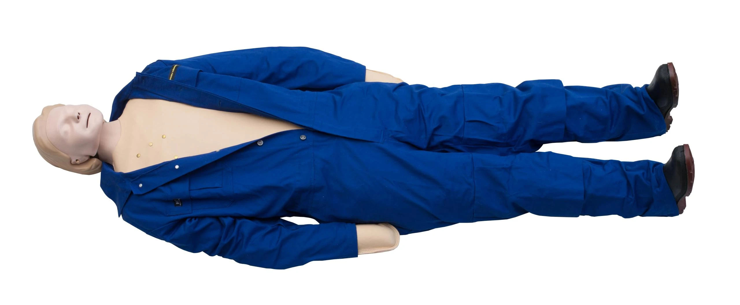 CPR-docka i blå overall