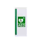 Vit AED-skåp med grön hjärtstartarsymbol