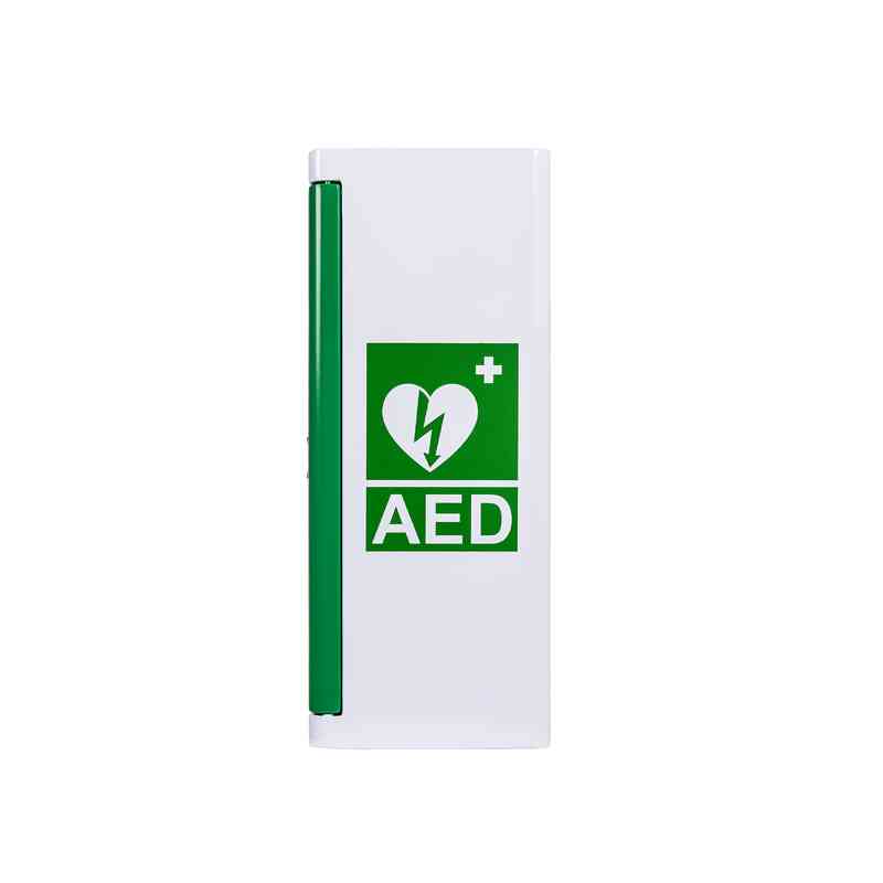 Vit AED-skåp med grön hjärtstartarsymbol